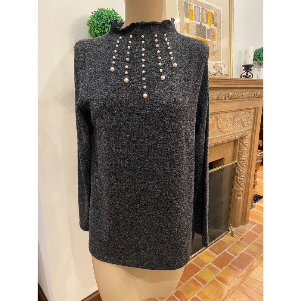 Trisha Tyler Gray Pearl Embellished Mock Neck Lettuce Edge Sweater PM